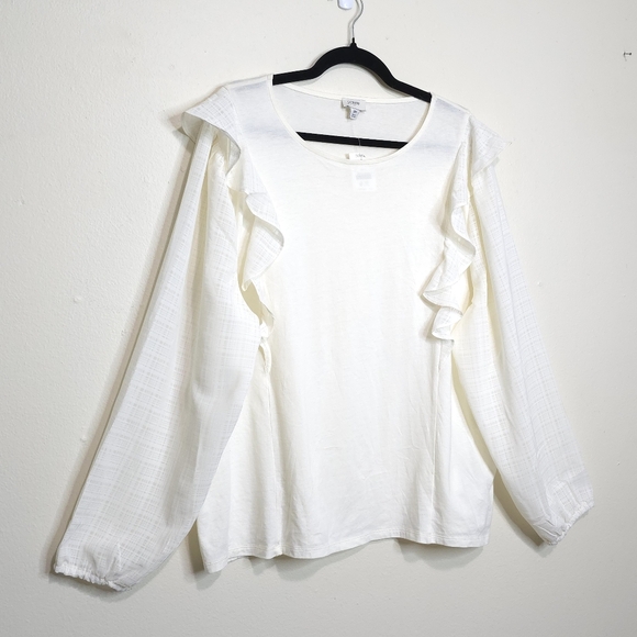 NWT J.Crew Ruffle-Shoulder Top NWT 2X Ivory Plaid Jacquard Bubble Sleeves - Picture 2 of 10